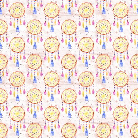 Seamless pattern with dreamcatchers, hand drawn in watercolor. Seamless texture with hand drawn feathers. Illustration for your design. Bright colors.の写真素材