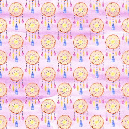 Seamless pattern with dreamcatchers, hand drawn in watercolor. Seamless texture with hand drawn feathers. Illustration for your design. Bright colors.の写真素材