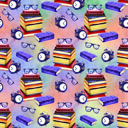 Watercolor Book seamless pattern. Watercolor texture. Back to school themed design. Red, Green, Blue White backdrop.の写真素材