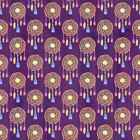 Seamless pattern with dreamcatchers, hand drawn in watercolor. Seamless texture with hand drawn feathers. Illustration for your design. Bright colors.の写真素材