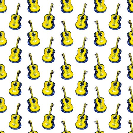 Seamless watercolor pattern acoustic classic wooden yellow guitar for textiles, wallpaper, wrappers, fabric.の写真素材