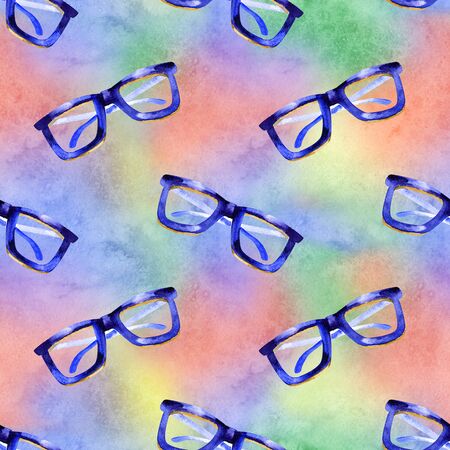 Watercolor vintage glasses, seamless pattern hand painted watercolor illustrationの写真素材