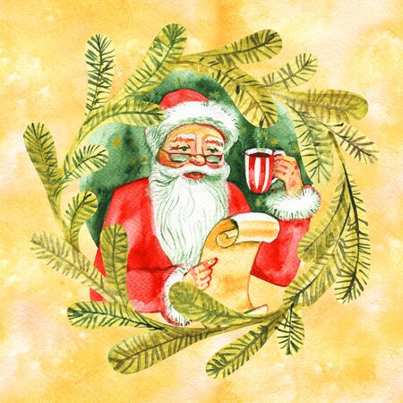 Vintage watercolor cute Santa Claus drinking hot tea, coffee, Santa Claus in chair, Fairytale winter watercolor Christmas illustration, Holiday design elementsの写真素材