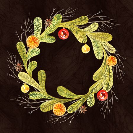 New year wreath - fir tree. Watercolor illustration, greeting card.の写真素材