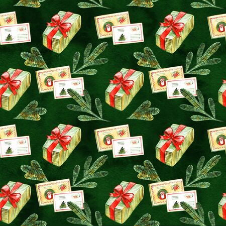 Christmas seamless background with letter to Santa. New Year and Christmas holiday vintage pattern, watercolor and graphic hand drawn illustration with lettering.の写真素材