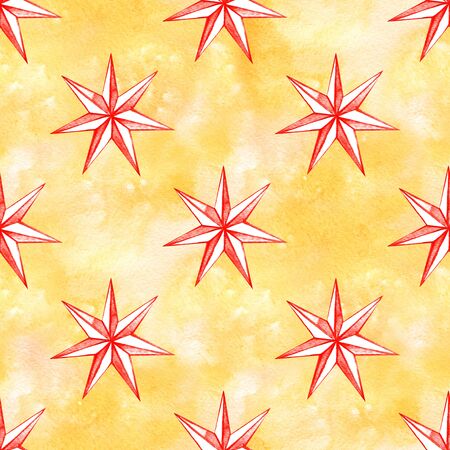 Hand drawn stars seamless pattern. Retro vintage style. Watercolor red stars. Seamless background. Watercolor illustration.の写真素材