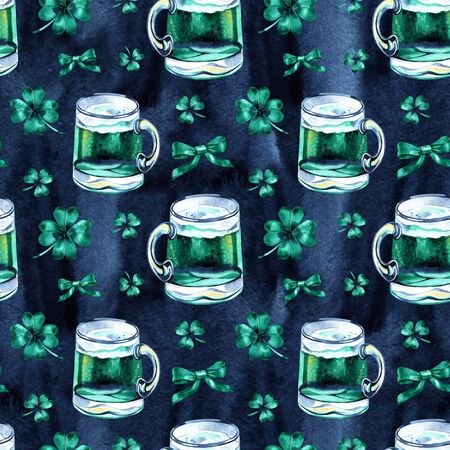 Seamless background with St. Patricks Day symbols. Watercolor hand drawn illustration with glass of beer. Holiday pattern.の写真素材