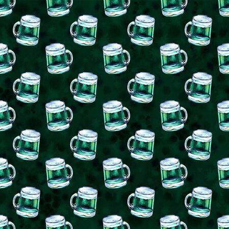 Seamless background with St. Patricks Day symbols. Watercolor hand drawn illustration with glass of beer. Holiday pattern.の写真素材