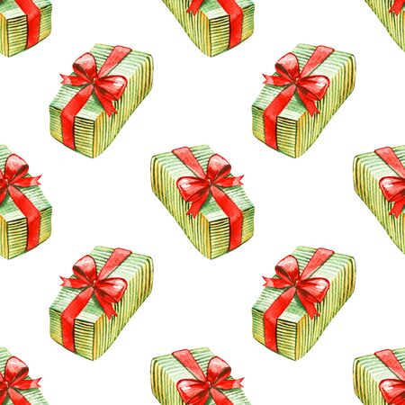 Seamless pattern with Christmas and New Year gifts. Watercolor illustrationの写真素材