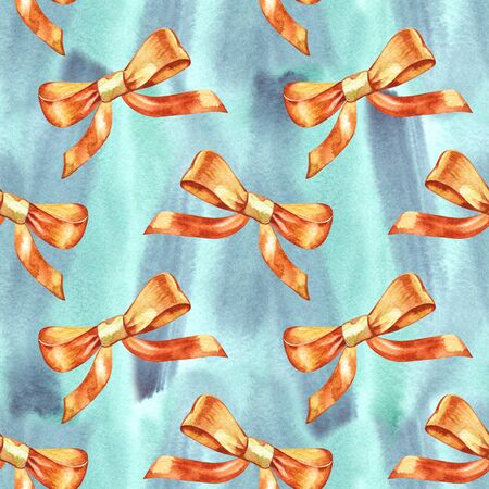 Seamless pattern. Watercolor gold bow. Hand painted illustration for childrens design, kids room, nursery, wallpaper, fabric, baby cloth, home textileの写真素材