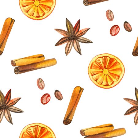Seamless watercolor pattern with hot winter drink . Coffee, chocolate, mulled wine, cinnamon and other elementsの写真素材