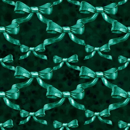 Watercolor satin green bow seamless pattern on white background.の写真素材