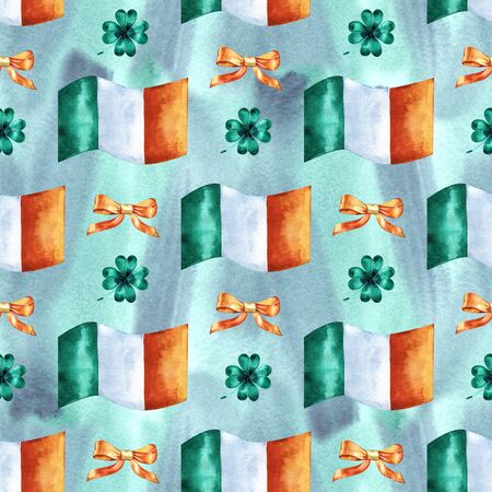 Seamless background with St. Patricks Day symbols. Watercolor hand drawn illustration with irish flagの写真素材