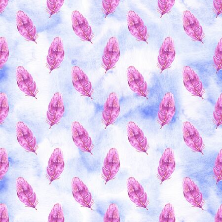 Hand painted watercolor feathers seamless pattern on white background. Textured pink boho decoration. Pastel ornament for wrapping paper, fabrics and textile.の写真素材