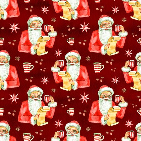 Christmas seamless background with letter to Santa Claus. New Year and Christmas holiday vintage pattern, watercolor and graphic hand drawn illustration with letteringの写真素材