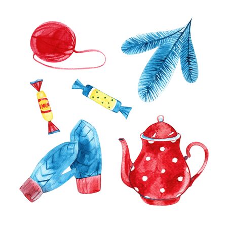 Teapot Red. Watercolor illustration on a white background.の写真素材