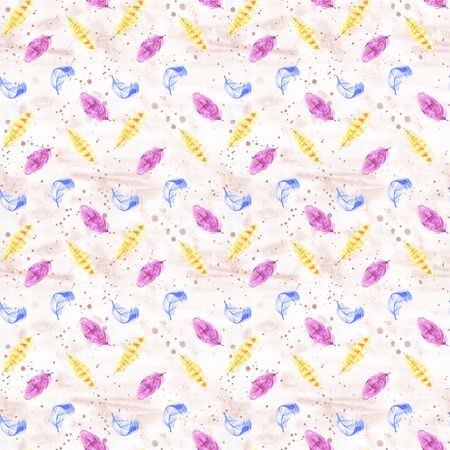 Hand painted watercolor feathers seamless pattern on white background. Textured pink boho decoration. Pastel ornament for wrapping paper, fabrics and textile.の写真素材