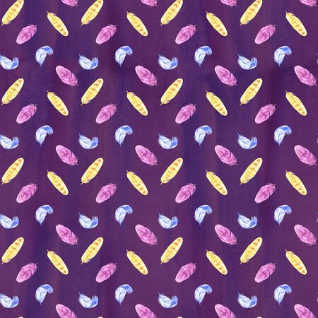 Hand painted watercolor feathers seamless pattern on white background. Textured pink boho decoration. Pastel ornament for wrapping paper, fabrics and textile.の写真素材