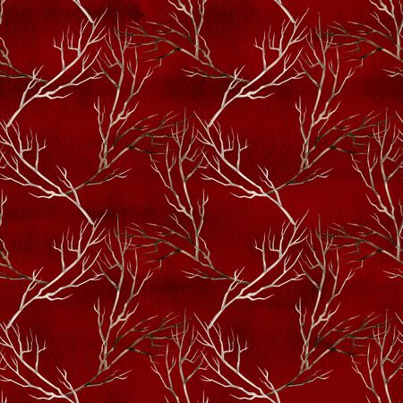 Watercolor twigs pattern. Seamless floral texture with branches, flower buds and leaves. Winter and spring repeating backgroundの写真素材