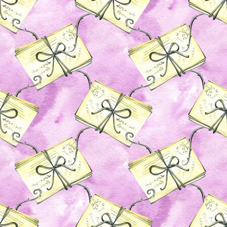 Vintage style seamless pattern with old letters, watercolor background.の写真素材