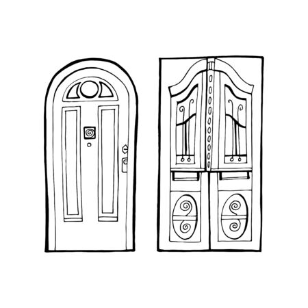 Vintage construction, 1900s style entrance door, curved decor vector. Retro building element, ancient architecture. Marble walls or framing, old epoch symbol, metal doorway, architectural detail.のイラスト素材