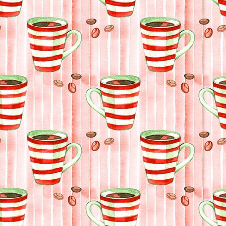 Seamless watercolor pattern with hot winter drink . Coffee, chocolate, mulled wine, cinnamon and other elementsの写真素材