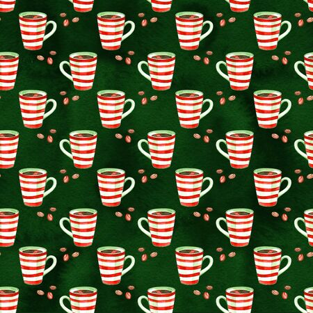 Watercolor christmas cute illustrations collection. Holiday coffee seamless background. Christmas pattern for scrapbook and designの写真素材