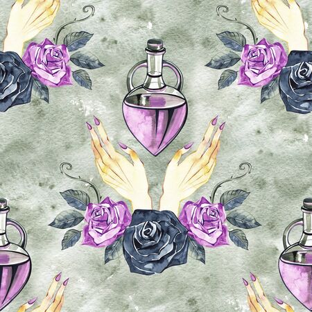 Watercolor seamless pattern with bottles of poison. Halloween watercolor pattern.の写真素材