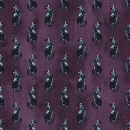 Seamless pattern with watercolor silhouette of black cat with long tail.の写真素材