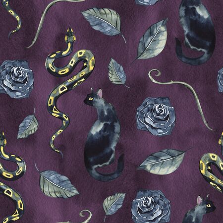 Dark Snake. Seamless pattern. Watercolor for Halloween designの写真素材