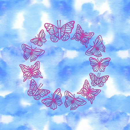 Background with neon butterfly wreath. Bright glowing shiny butterfly frame on black backgroundの写真素材