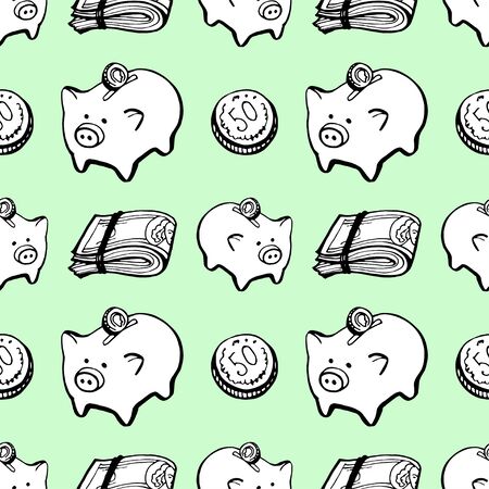 Doodle hand draw pig money bank holding seamless pattern backgroundのイラスト素材
