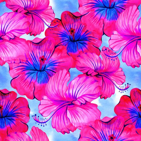 Hibiscus. Seamless exotic pattern with tropical leaves and flowers on a white background. Watercolor illustrationの写真素材