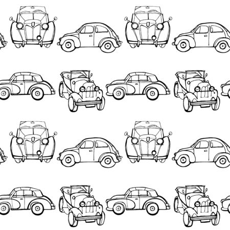 Vector seamless pattern with hand drawn vintage cars made in textured way. Beautiful design elements, perfect for nurseryの写真素材