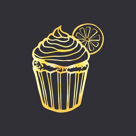 Vector cupcake illustration. hand drawn Christmas. outline isolated. Winter elements for greeting cards, stickers, banners, and seasonal design.のイラスト素材