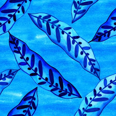 Seamless pattern with watercolor tropical leaves. Calathea. Surface design. Hand paint.の写真素材