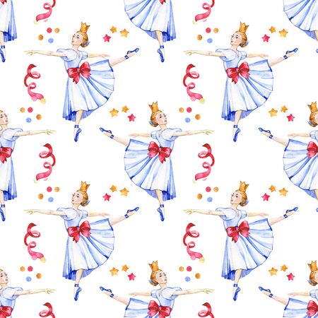Watercolor kids seamless pattern. Vintage toys, air balloons, ballerina doll. Girl greeting wallpaper design.の写真素材