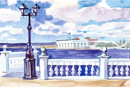 Watercolor. View of the sea pier. Sevastopol, Crimea. Travels. Tourism. Hand drawn landscapes with views of the sea and ships.の写真素材