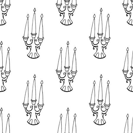 Handdrawn seamless pattern candlestick doodle icon. Hand drawn black sketch. Sign cartoon symbol. Decoration element. White background. Isolated. Flat design. Vector illustration.のイラスト素材