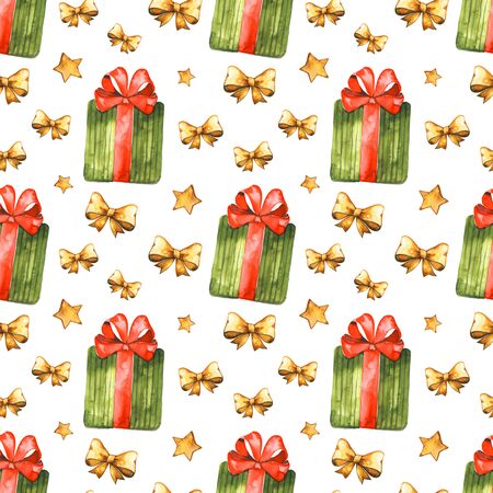 Watercolor Christmas seamless pattern with gifts, New Years toys and snowflakes on the white background. Christmas seamless patternの写真素材