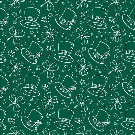 Seamless pattern with clover leaves and bowler hat. Simple vector illustration. Cartoon style.のイラスト素材