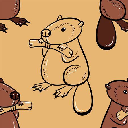 Cute seamless pattern with beaver and logs.のイラスト素材
