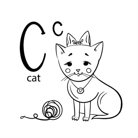 Cute Animal Alphabet Series A-Z. C cat. Coloring book page.のイラスト素材