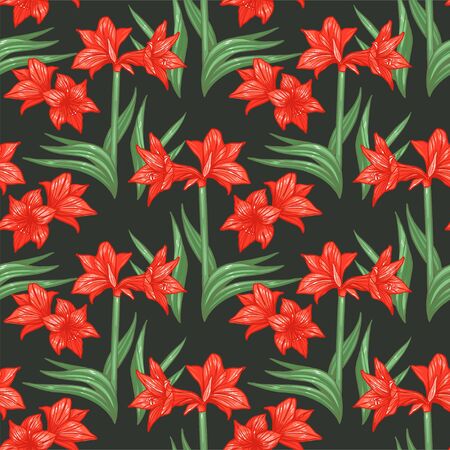 Hippeastrum amaryllis lilly blooming flowers seamless pattern. Elegant tender floral foliage garland bouquet. Vector design illustration.のイラスト素材