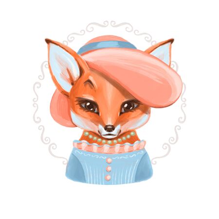 Beautiful greeting card with cute fox in blue dress and hat. Funny cartoon character. Watercolor hand drawn illustrationの写真素材