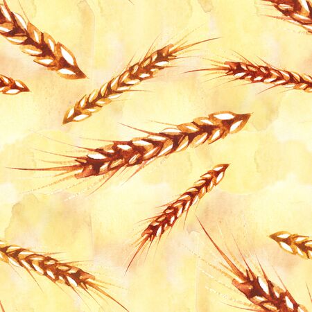 Watercolor seamless pattern with hand drawn ear of wheat. Hand drawn sketched illustration. Concept for agriculture, organic cereal products, harvesting grain, bakery, healthy food.の写真素材