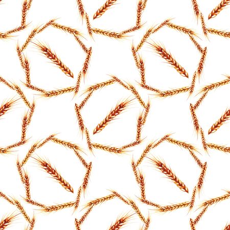 Watercolor seamless pattern with hand drawn ear of wheat. Hand drawn sketched illustration. Concept for agriculture, organic cereal products, harvesting grain, bakery, healthy food.の写真素材