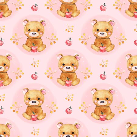 Hand drawing watercolor seamless pattern of cute bear, pink flowers, leaves. Iillustration perfect for greeting cards, posters for St Valentine day, birthday, baby shower.の写真素材