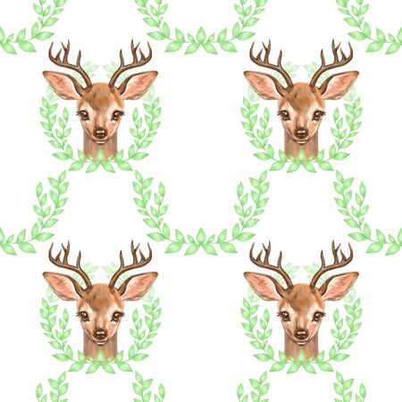 Pattern with Baby Deer. Hand drawn cute fawn on white background. Seamless backgroundの写真素材