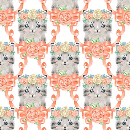 Funny retro seamless pattern with cats. Digital illustrationの写真素材